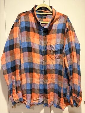 Paul Fredrick Men's Long Sleeve Button Down 100% Finest Linen Orange/blue Plaid